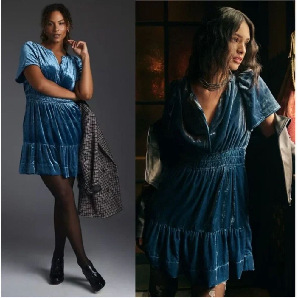 Anthropologie Blue Velvet Mini Dress